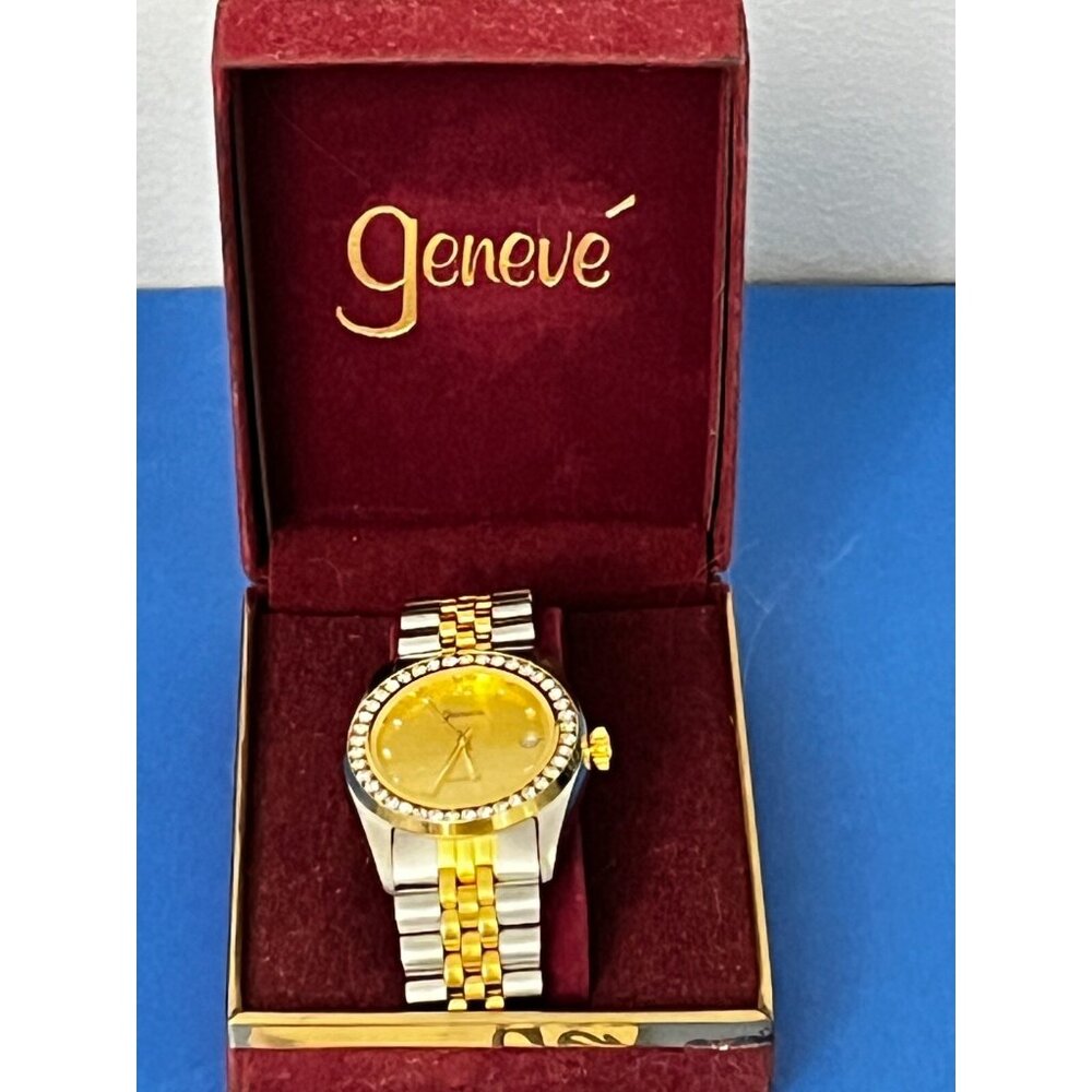 Geneve Ladies Round Two-Tone Yellow & Silver Bracelet Watch Diamond accents